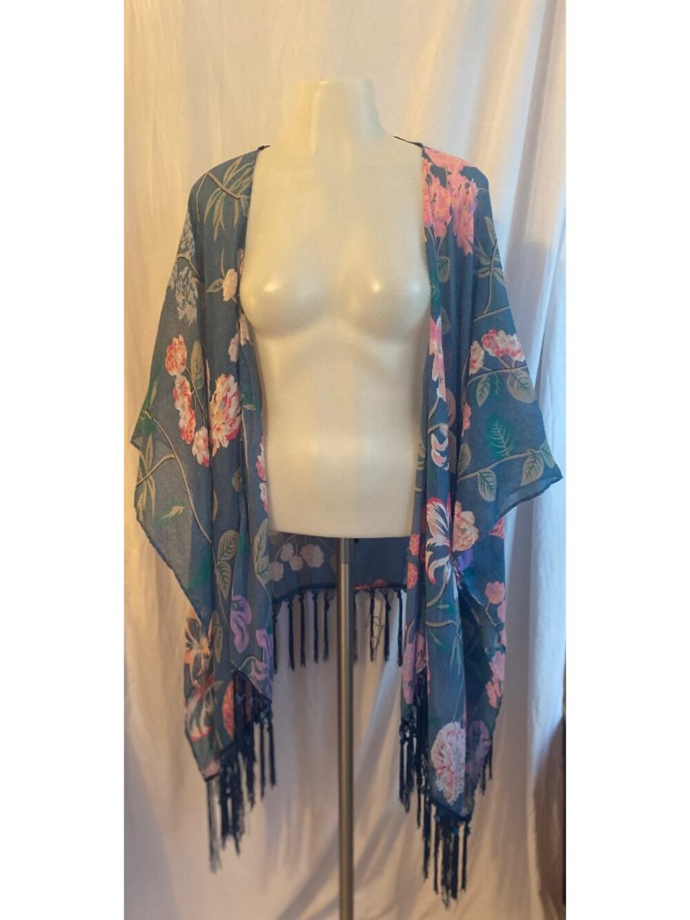 Mudd Blue Multicolor Sheer Open Front Fringe Kimono